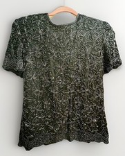 VINTAGE ADRIANNA PAPELL Size M Boutique Black Evening Silk Beaded Top 90s Formal