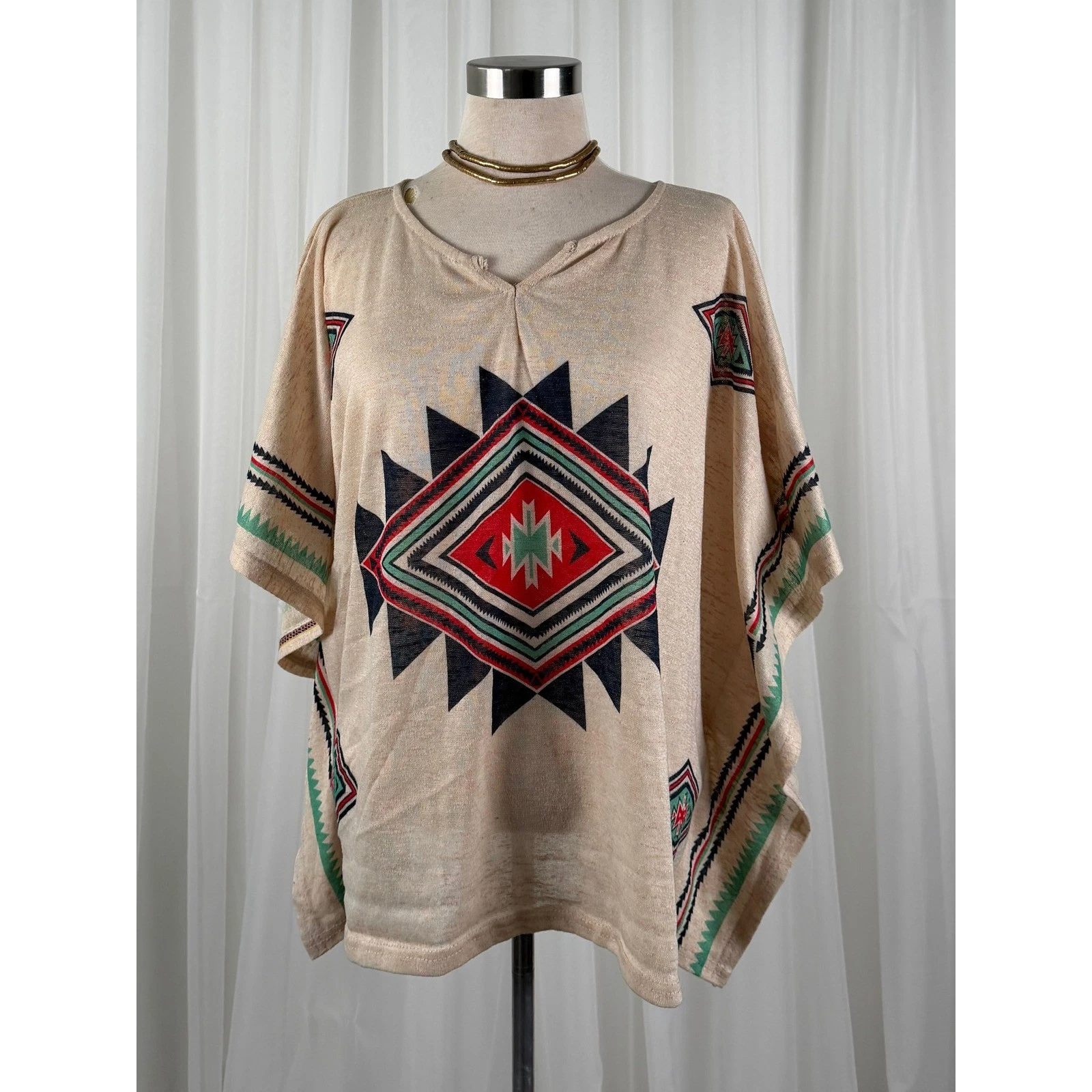 Southwestern Aztec Geometric Poncho Top Boho Festival Womens Beige One Size