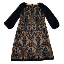 Adrianna Papell Shift Dress Women's Size 4 Beige Black Lace Overlay 3/4 Sleeve
