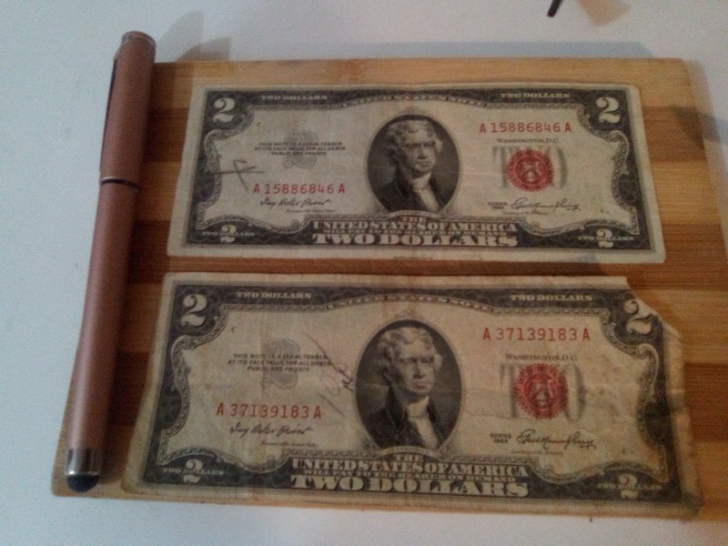1953 Circulated Two Dollar Bills(2)Note Red Seal Old Paper A35465085A A12492547A