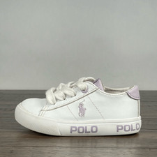 Polo Ralph Lauren Little Girls Shoes 5C White Lavender Leather Lace Up Sneakers