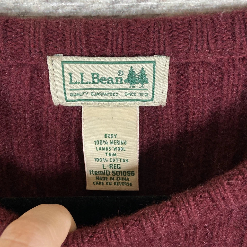 LL BEAN Commando Sweater Size Large Lambs Wool Crew Neck Maroon Pullover Elbow - Image 2 of 4