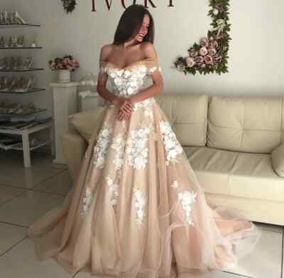 A Line Champagne Wedding Dresses Off Shoulder 3D Applique Lace Boho Bridal  Gowns | eBay