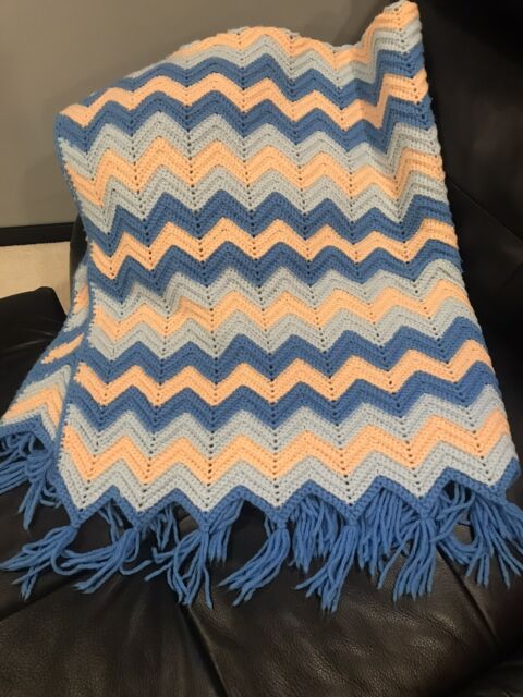 Handmade Crocheted Afghan Blanket Approx. 63x49 Chevron w/ Tassels