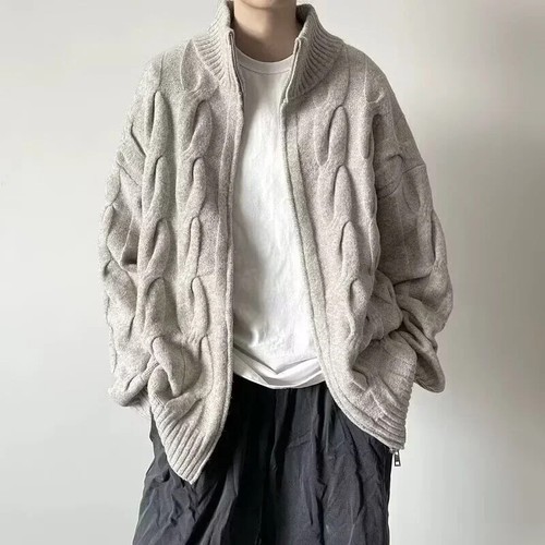 Men's Cable Knit Zip Up Cardigan Sweater Stand Collar Winter Warm Jacket XS-L