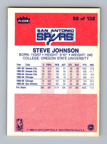 1986-87 Fleer #55 Steve Johnson NM to NM-MT+ Vintage Basketball Card - Picture 2 of 2