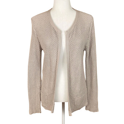 Antonella Textured Knit Open Front Cardigan Size S Beige Cotton Pockets Italy