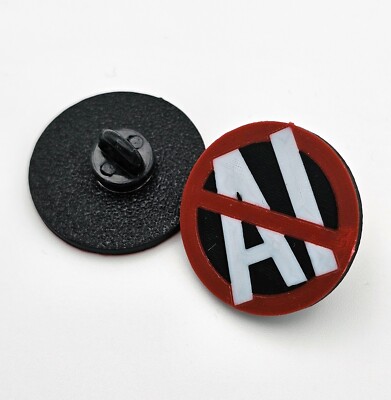 No AI 3D Print Pin Badge Gift Anti Artificial Intelligence Artist Maker UK Made