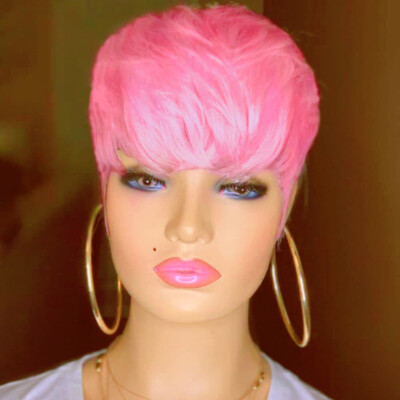 Short Pixie Bob Cut Rose Pink Human Hair Wig For Women Cosplay Heat Safe Soft