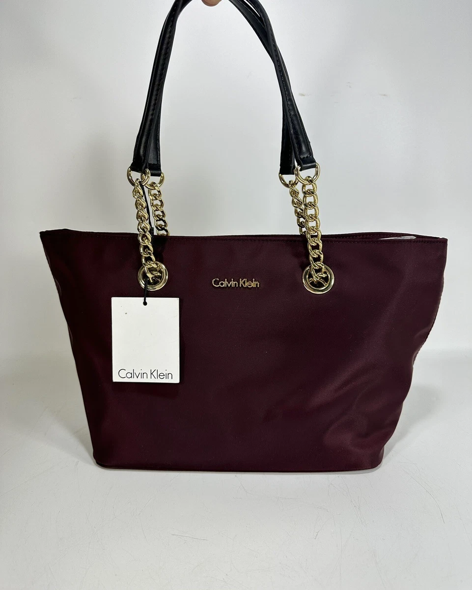 Calvin Klein Florence Nylon Burgundy Gold Chain Tote Bag H4AAE2DX NEW