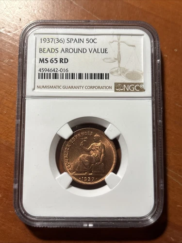 SPAIN: 1937 (36) 50 Centimos Beads Around Value - NGC MS65 RD