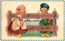 Dutch Boy & Girl by Fence Stay Midt Me Forefer Romantic Comic 1914 Postcard