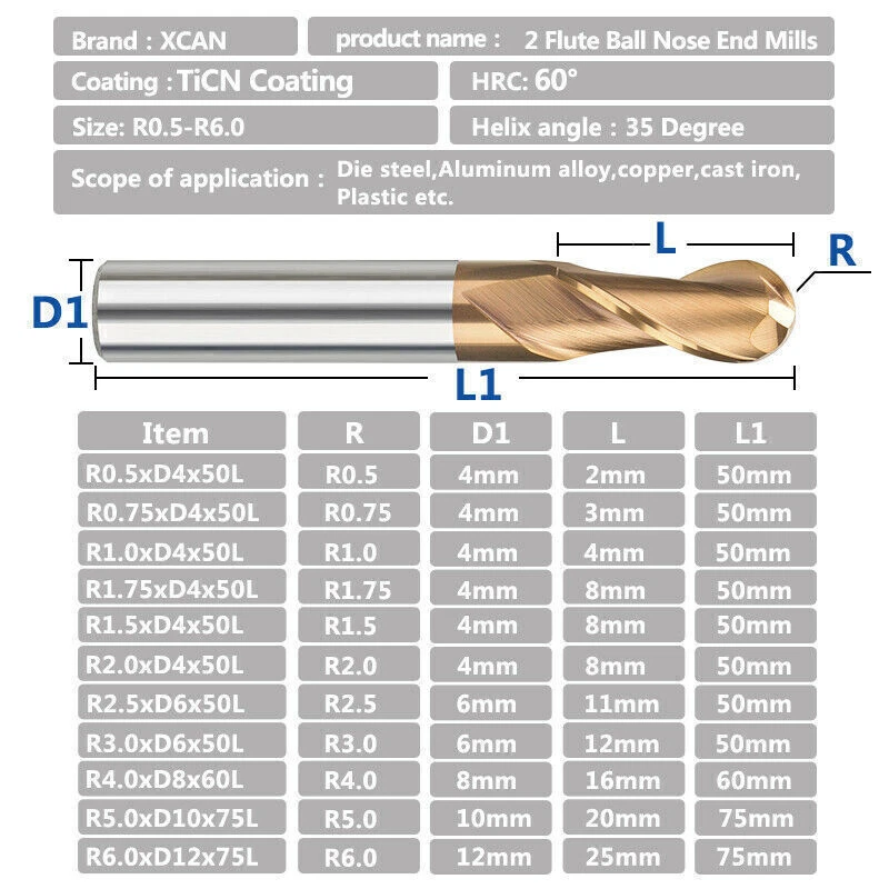 VHM Radiusfräser R0.5-6.0 Fräser Z=2 HRC=50 Kugelkopffräser Schaftfräser - Bild 3 von 4