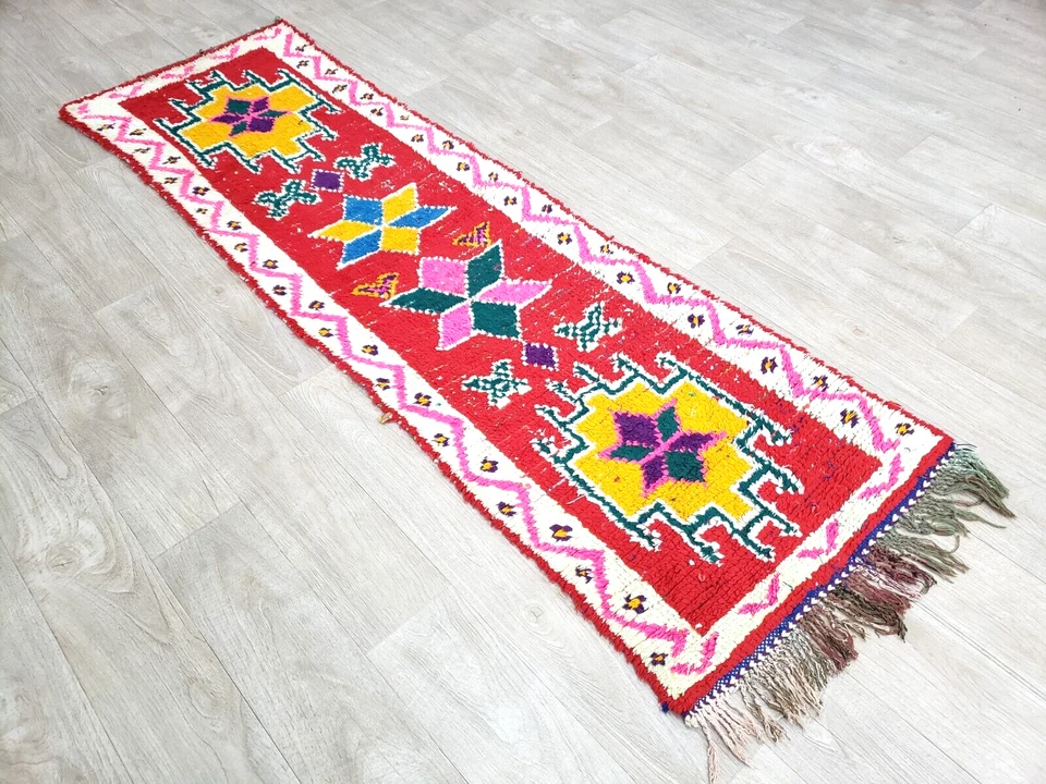 Vintage Geometric Berber Runner Rug 2x7 Moroccan Handmade Red Cotton Boujaad Rug - Image 3 of 4