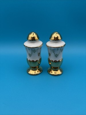 White Porcelain Salt & Pepper Shakers w/ 22kt Gold / Gilded -Set/Lot