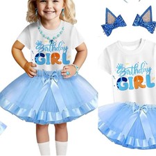 Birthday Girl 3-Piece Outfit Set Bluey Tulle Tutu Skirt T-Shirt Hair Clips 5T 6Y