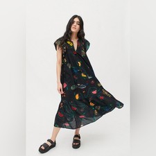 Urban Outfitters Willow Frock Midi Dress Black Multicolor Embroidered Floral-S