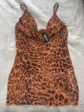 PRETTYLITTLETHING Women’s Leopard Print Mesh Cowl Mini Dress Size UK 12