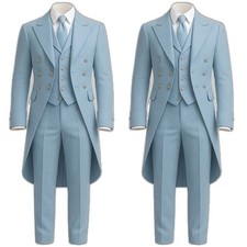Sky Blue Men's Suit British Peak Lapel Double Breasted Wedding Party Long Jacket