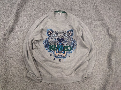 Kenzo Paris Japan Design Dark Gray Embroidered Logo Tiger Crew chek Sweatshirt