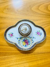 Antique Dresden Porcelain Inkwell with Tray – Hand Painted Floral & Gilt