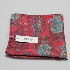 Eton NWT 100 Silk Pocket Square In Red with Multicolor Paisley Print