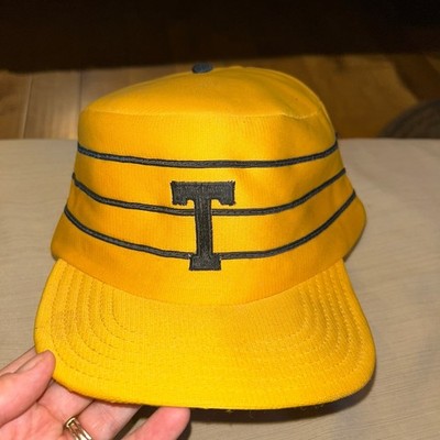 Vintage yellow hat with black stripes and uppercase T embroidery snap back