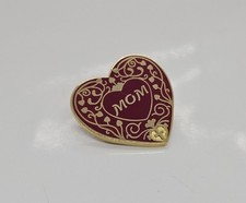 Red Mom Heart Cross Pin Gold Tone Metal 1"