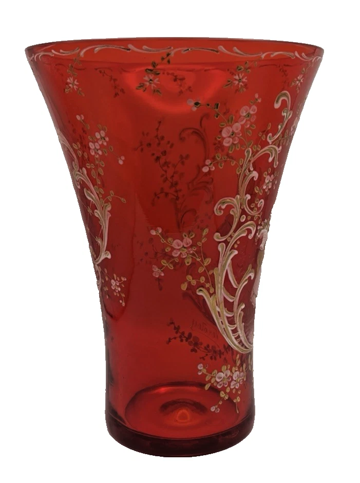 Large Bohemian (Czech) Moser/ Veroley Red Rudy Hand Painted Crystal Vase. Signed - Image 4 of 4