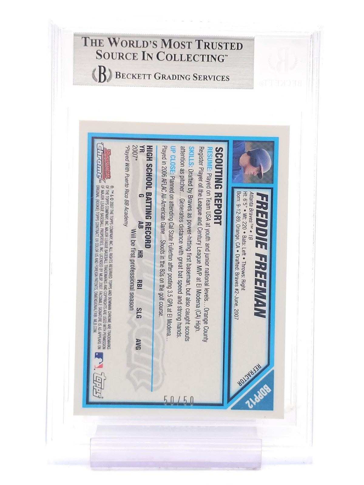 FREDDIE FREEMAN 2007 BOWMAN CHROME DRAFT 1ST ROOKIE FAS AUTO GOLD BGS 8.5 Q7215 view 2