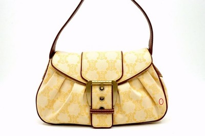 CELINE Paris Macadam Shoulder Handbag Triomphe Jacquard Canvas Beige 6752h