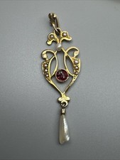 RARE VICTORIAN YELLOW GOLD 10K LAVALLIERE PEARL GARNET PENDANT Look Pic For Dtls