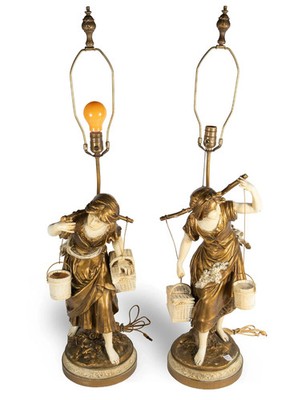 PAIR OF LARGE VINTAGE FRENCH MADE PEASANT GIRLS LAMPS AFTER AUGUSTE MOREAU.
