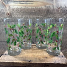 Set Of 4 Libby Holly Berry Glass Drinking Tumblers Christmas /Holiday 16 oz