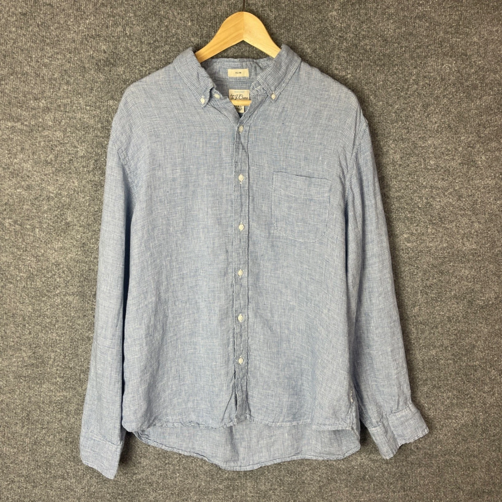 J. Crew Button Down Shirt Mens XL Blue Irish Linen Slim Fit Gingham