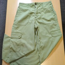 M S Women's Cotton Cargo Trousers Size 10 Short Beige Green Pockets Belt Zip