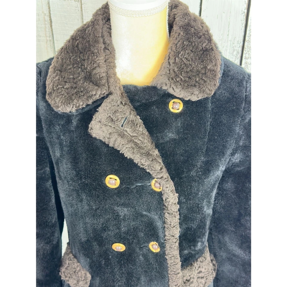 Vintage 70s Fingerhut Fashions Faux Fur Penny Lane Coat Black Double Breasted - Image 2 of 4