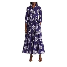 Sika Blue White Banana Leaf Print Half Sleeve Maxi Dress 12 Womens