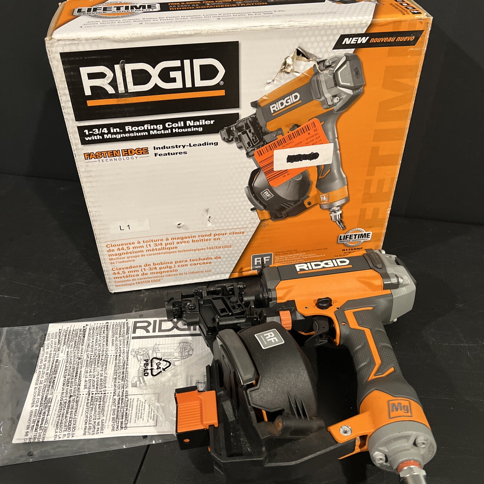 RIDGID 15 Degree 13/4 in Coil Roofing Nailer R175RNF Magnesium Housing