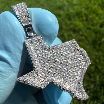 925 Sterling Silver Texas State Iced Flooded Out CZ Hip Hop Charm