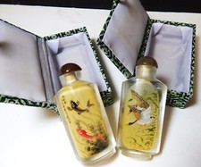 2 GLASS SNUFF Perfume BOTTLE Reverse Painted Flying Ducks Geese Bird Fish