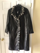 Tibor Black Lamb Leather Real Fur Collar Trim Coat, Removable Lining Sz 16 $1595