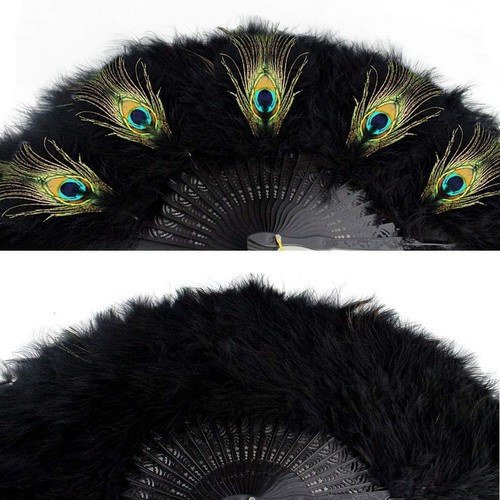 Colourful Peacock Marabou Feather Hand Fan Dance Folding Vintage Fancy Dress - Picture 5 of 18
