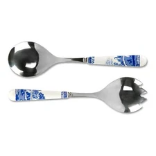 Spode Blue Italian Set of 2 Salad Servers with Porcelain Handles, 10" Blue White