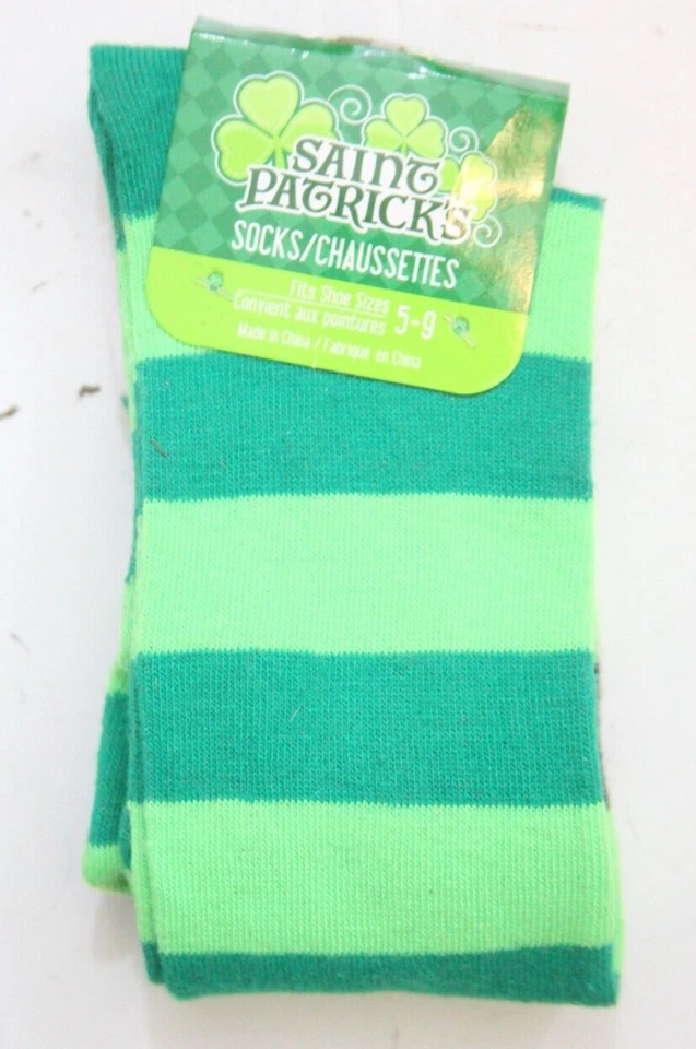 全新 St Patrick's 袜子 绿色条纹扣 聚酯 弹性纤维 尺寸 5-9 BB478 — 第 2/4 张图片