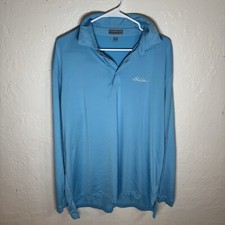PETER MILLAR MENS L GOLF POLO SHIRT SEA ISLAND LOGO RARE AQUA BLUE POLYESTER