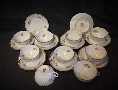 Suite of 9 Genuine Porcelain Coffee Cups and Coasters S.E.R France