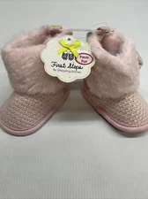 STEPPING STONES FIRST STEPS Pink Faux Fur Bow BOOTS BABY TODDLER SIZE 2 NEW
