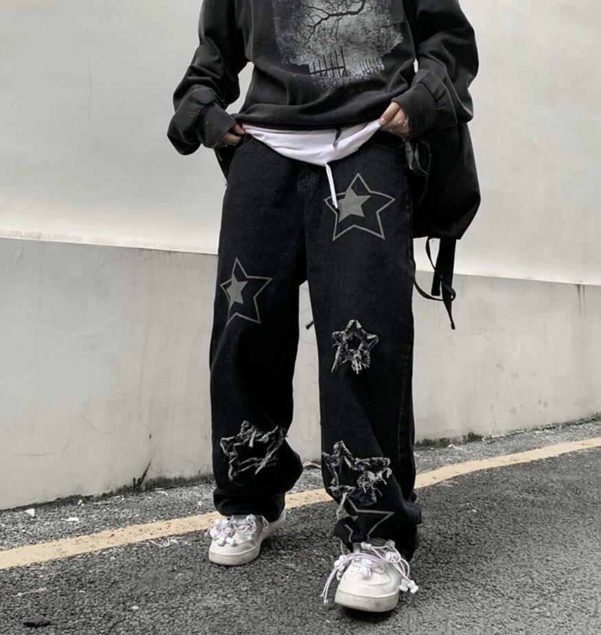 デニム・ジーパン STRAGHT STAR DENIM PANTS black Men's Black Denim Straight Leg Stars Ripped Casual Jeans
