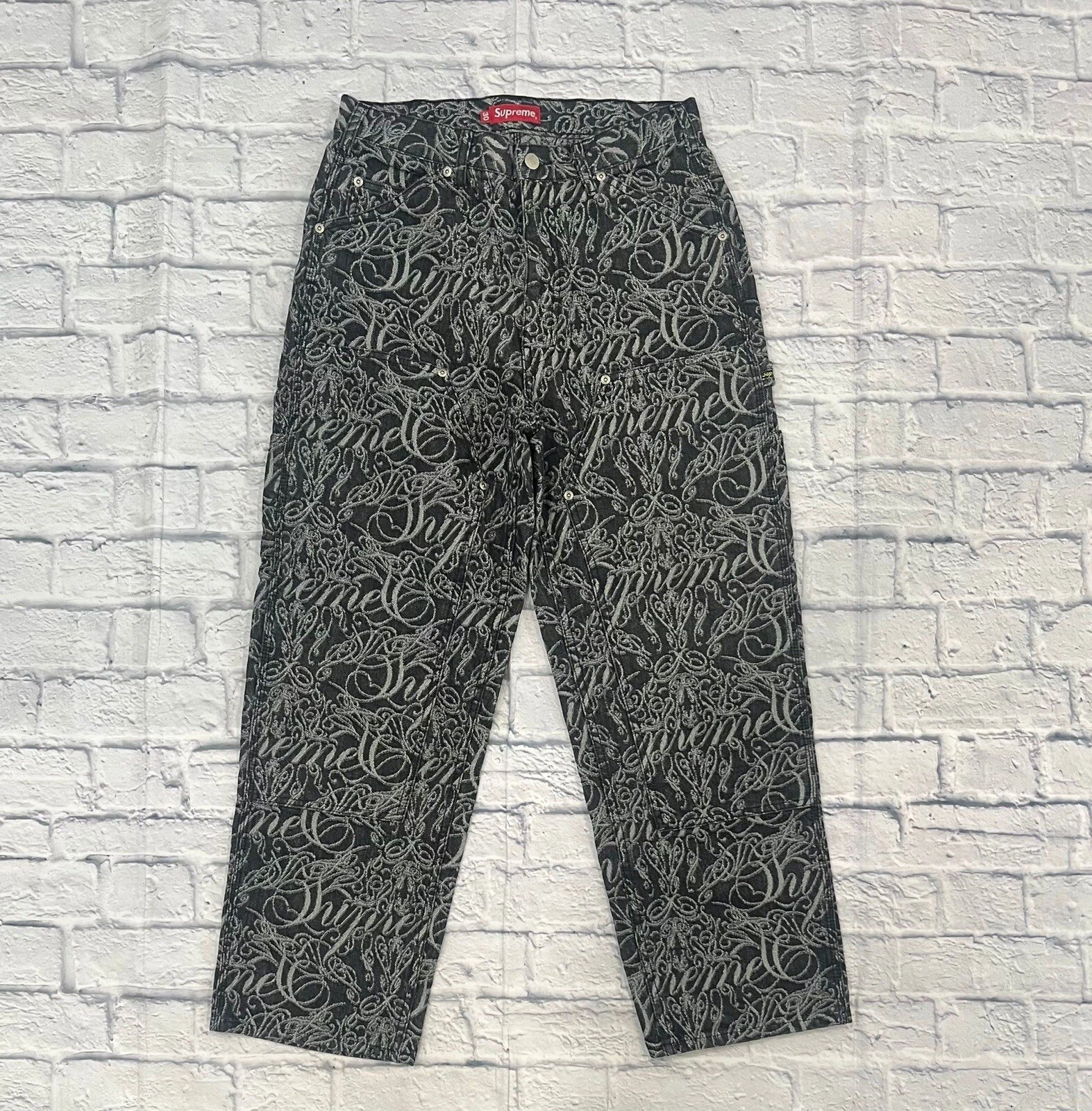Jeans homme double genou logo Supreme Script Jacquard bleu taille 30